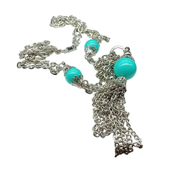 Vintage Silver Tone Chain Necklace with Turquoise Lucite Beads & Tassel Pendant - Picture 2 of 2